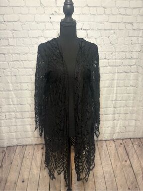 She + Sky Black Crochet Open-Front Duster